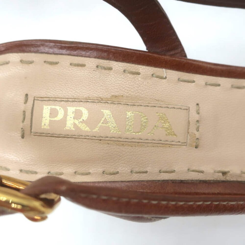 Prada Slingback Bow Sandals Brown Leather Size 37.5 Open Toe Platform Heels - Picture 14 of 16